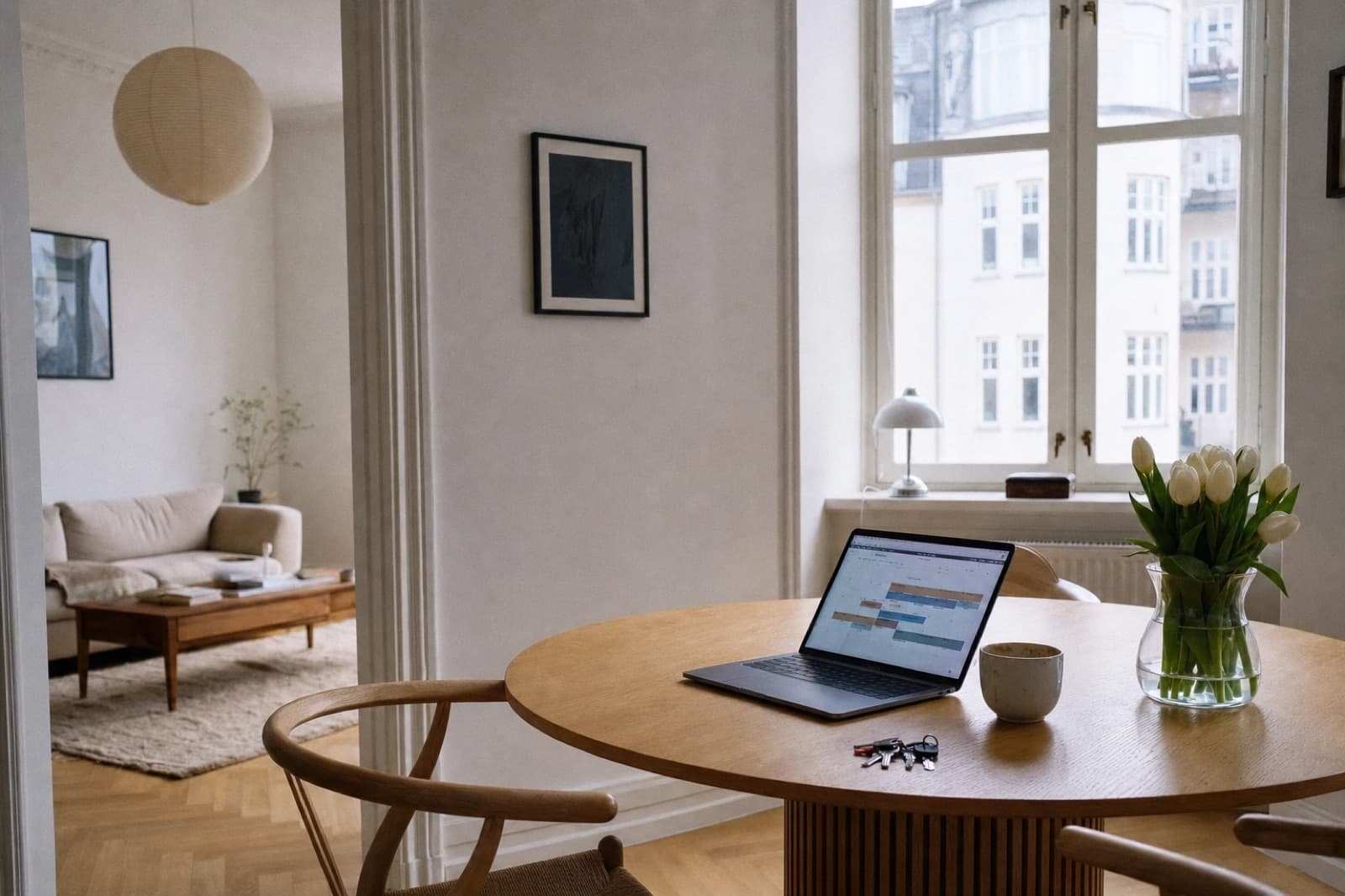 Scandinavian apartment with laptop and tulips on dining table — Airbnb rental in Denmark