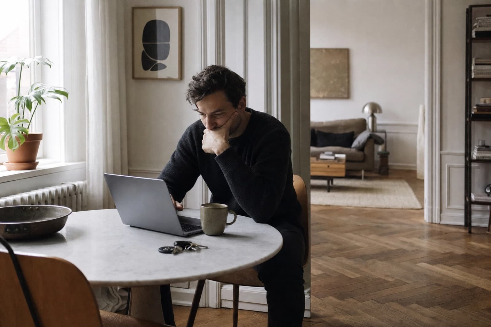 Mand sidder ved bord med laptop i skandinavisk lejlighed — Airbnb skat guide 2026