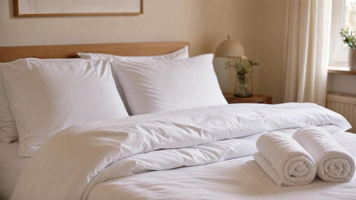 Hotel-standard bed linen and towels in a Copenhagen flat