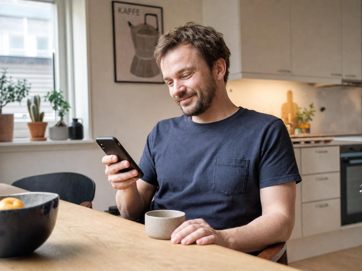 Boligejer der tjekker sin afregning med et smil
