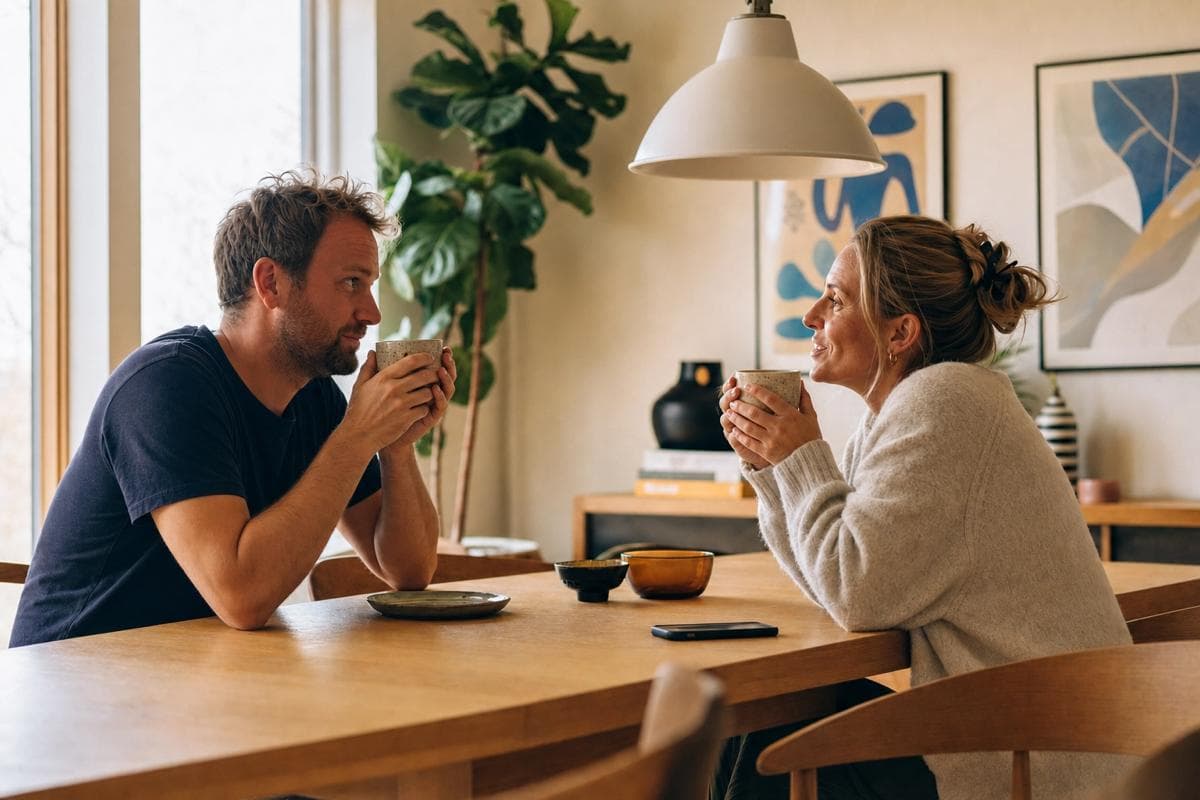 Couple enjoying morning coffee in their Copenhagen flat